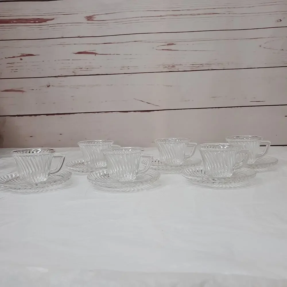 6 FEDERAL GLASS Clear Diana Pattern Swirl Demitasse Cup & Saucer Sets Depression